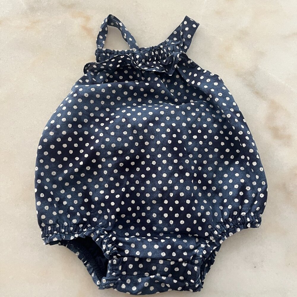 Baby Gap Navy Blue and White Polka -Dot Ruffled Sunsuit Size12-18 Months